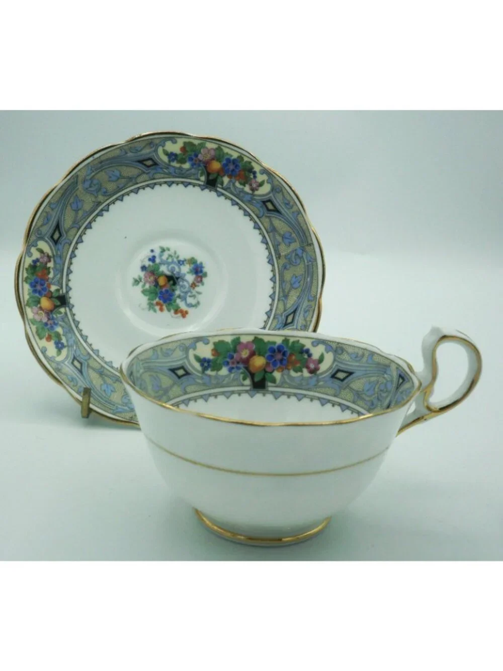 Royal Albert Teacup Saucer Set Art Deco Crown China Fruit Flowers Cameo Border